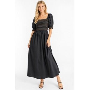 Old Navy Milkmaid Black Maxi Dress L Smocked Embroidered Cottagecore Peasant